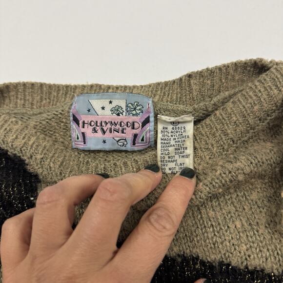 Vintage 80s Cat Sweater Size L Beaded Hollywood & Vine Art Deco Retro Animal - Picture 4 of 8